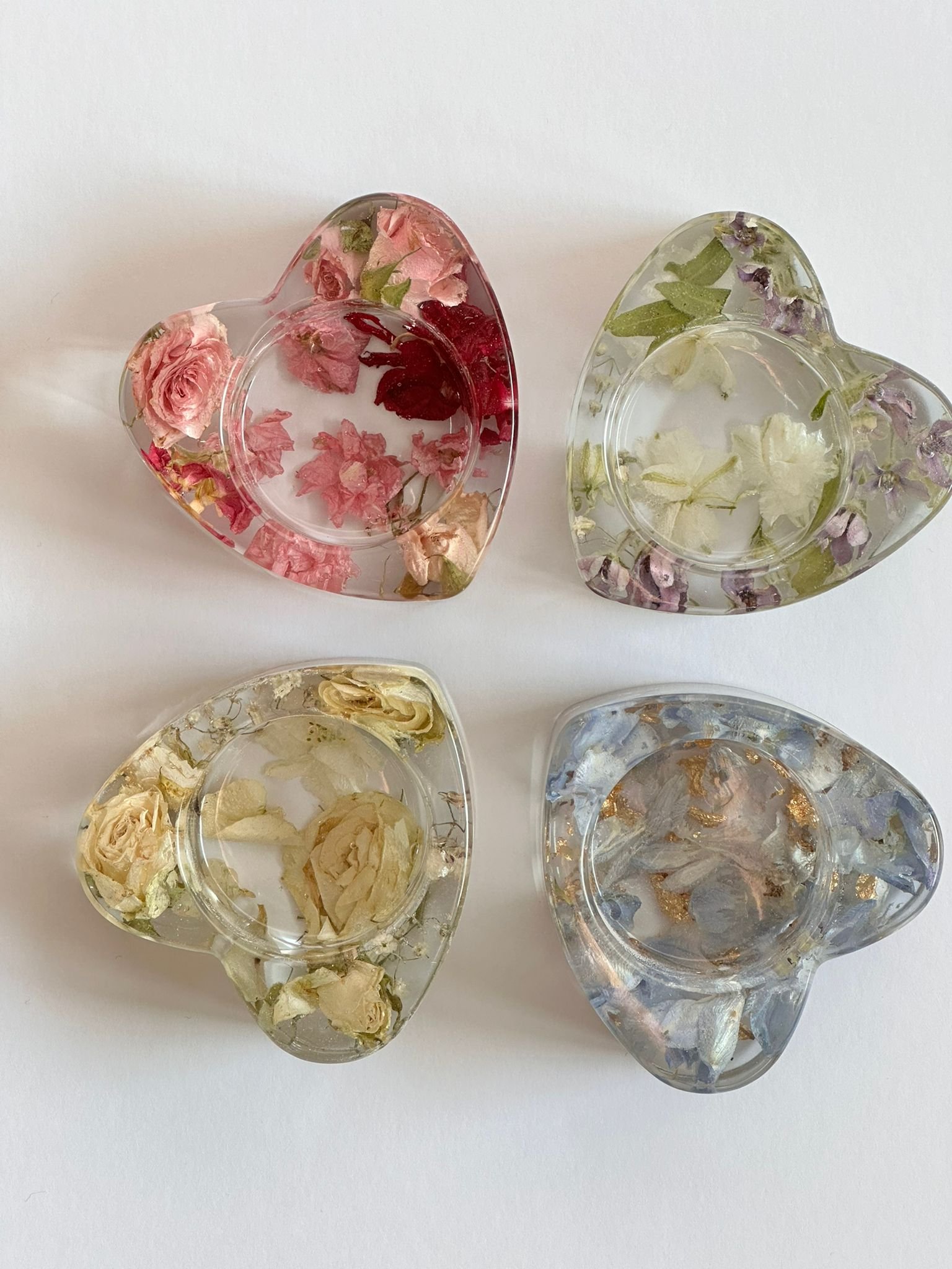 Resin flower preservation — heart shaped trinket dishes